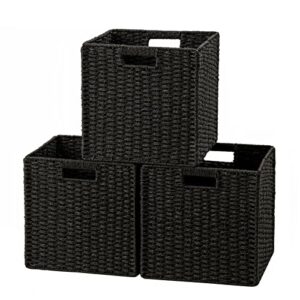 ubbcare 3 pack wicker basket, 11.8l×11.8h×11w inch woven paper rope storage baskets for shelves, foldable cube storage bin with handle, storage basket for organizing & decor, black