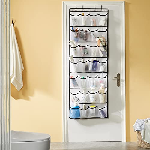 YOUDENOVA 28 Extra Large Mesh Pocket Over-The-Door Shoe Organizer - Closet Space Saver with 4 Metal Hooks for Sneakers, High Heels and Slippers - Fits Behind Doors - White