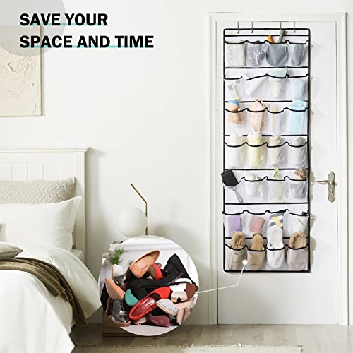 YOUDENOVA 28 Extra Large Mesh Pocket Over-The-Door Shoe Organizer - Closet Space Saver with 4 Metal Hooks for Sneakers, High Heels and Slippers - Fits Behind Doors - White