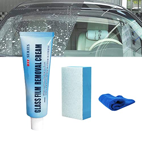 DIZHIGE New Car Glass Oil Film Cleaner, Car Glass Oil Film Remover, Glass Oil Film Removing Paste, Car Windshield Oil Film Cleaner, Glass Stripper Water Spot Remover with Sponge, 20g (1PCS)