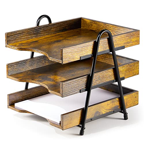 HOYRR Wood Desk Organizer, Wood Letter Tray Organizer, 3-Tier Wood Paper Tray, Rustic Desk File Tray for School Office Supplies Documents Workspace Organizer