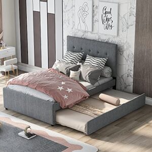 runwon full size linen upholstered platform bed with headboard and trundle for bedroom living room, space saving design, grey