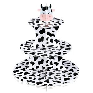 Farm Animal Cow Print Cupcake Stand Cow Print Party Supplies 3 Tier Cupcake Holder Cardboard Cupcake Stand Cow Print Decor Cow Themed Party Decorations for Baby Shower Birthday Party Supplies (1 Set)