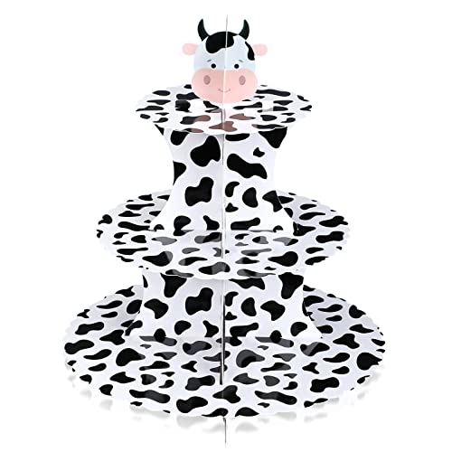 Farm Animal Cow Print Cupcake Stand Cow Print Party Supplies 3 Tier Cupcake Holder Cardboard Cupcake Stand Cow Print Decor Cow Themed Party Decorations for Baby Shower Birthday Party Supplies (1 Set)