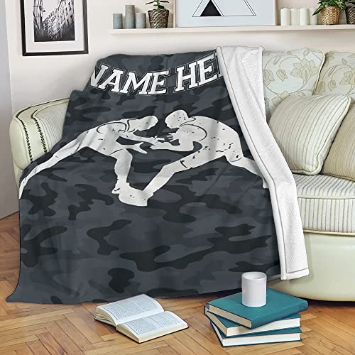 OhaPrints Custom Black Camo Pattern Wrestling Lover Wrestler Gifts Personalized Name Soft Sherpa Throw Blankets Cozy Fuzzy Fleece Throws for Tv Sofa Couch Comfy Fluffy Blanket 30X40 50X60 60X80