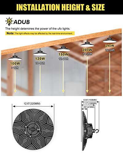 ADUB LED UFO High Bay Light 240W 200W 150W, UL Listed Dimmable LED High Bay Shop Lights 3000K 4000K 5000K, IP65 Commercial Low Bay Lights for Garage Warehouse Gym Area Lighting, AC100-277V