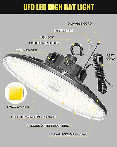 ADUB LED UFO High Bay Light 240W 200W 150W, UL Listed Dimmable LED High Bay Shop Lights 3000K 4000K 5000K, IP65 Commercial Low Bay Lights for Garage Warehouse Gym Area Lighting, AC100-277V