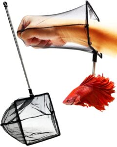 aquarium betta fish net protect delicate fin, soft fine deep mesh scooper w/sturdy extendable 7~14 inch stainless steel long handle for shrimp fish tank small pond & pool (5 inch aquarium net)