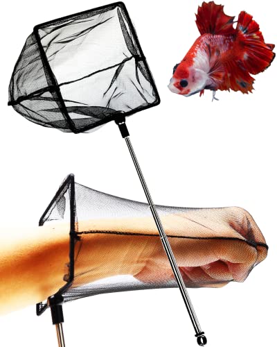 Aquarium Betta Fish Net Protect Delicate Fin, Soft Fine Deep Mesh Scooper w/Sturdy Extendable 7~14 Inch Stainless Steel Long Handle for Shrimp Fish Tank Small Pond & Pool (5 Inch Aquarium net)