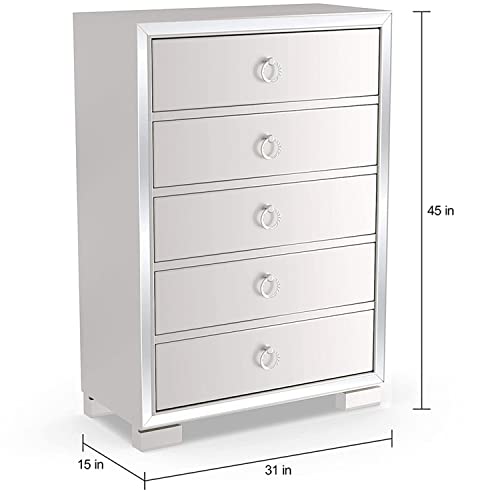 Mirrored 5 Drawers Chest, Modern Solid Wood Accent Storage Cabinet with Silver Finish and Crystal Knobs, 31" Tall Bedroom Dresser, Beautiful Wide Chest of Drawers Sofa Table for Living Room, Silver