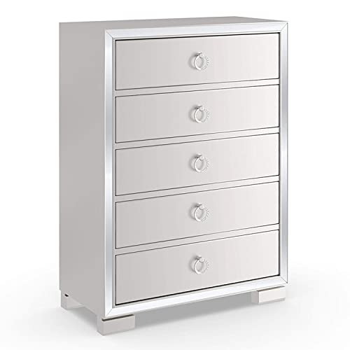 Mirrored 5 Drawers Chest, Modern Solid Wood Accent Storage Cabinet with Silver Finish and Crystal Knobs, 31" Tall Bedroom Dresser, Beautiful Wide Chest of Drawers Sofa Table for Living Room, Silver