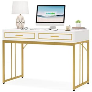 tribesigns computer desk with drawers, 47 inch white and gold desk, simple modern study writing desks with storage, make up vanity console table for home office, bedroom, living room