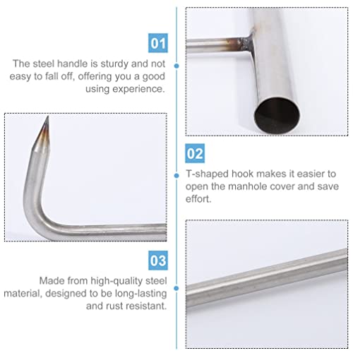 GANAZONO 2pcs Manhole Cover Hook Stainless Steel T Style Handle Long Pull Hook Llift Hooks Drain Grate Lifter Storm Drain Cover Hook for Garden Street Home Shutter Doors