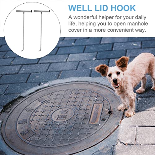 GANAZONO 2pcs Manhole Cover Hook Stainless Steel T Style Handle Long Pull Hook Llift Hooks Drain Grate Lifter Storm Drain Cover Hook for Garden Street Home Shutter Doors