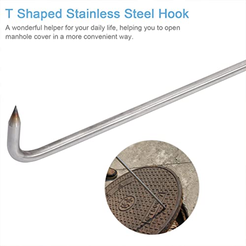 GANAZONO 2pcs Manhole Cover Hook Stainless Steel T Style Handle Long Pull Hook Llift Hooks Drain Grate Lifter Storm Drain Cover Hook for Garden Street Home Shutter Doors