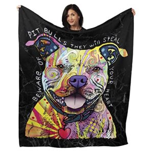 artopia comfy minky plush blanket - beware of pitbulls large warm fluffy fuzzy throw blanket for living room, bed, sofa, home (50" x 60")