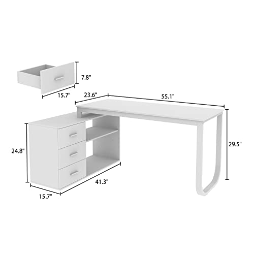 FUFU&GAGA Large L-Shaped 55.1" Office Desk with 41.3" File Cabinet, Corner Computer Desk with 3 Drawers & 2 Shelves, Workstation Executive Desk with Storage Shelf for Home Office - White