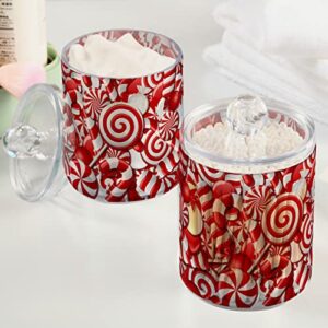 Candy Canes Qtip Holder Dispenser 2 Pack Clear Apothecary Plastic Jars with Lids, Winter Sugar Red Sweets Gift Bathroom Canister Storage Organizer for Cotton Pads,Cotton Ball/Swabs,Floss 10Oz