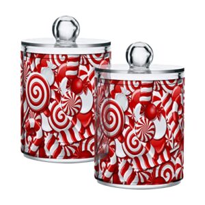 candy canes qtip holder dispenser 2 pack clear apothecary plastic jars with lids, winter sugar red sweets gift bathroom canister storage organizer for cotton pads,cotton ball/swabs,floss 10oz