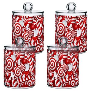 Candy Canes Qtip Holder Dispenser 2 Pack Clear Apothecary Plastic Jars with Lids, Winter Sugar Red Sweets Gift Bathroom Canister Storage Organizer for Cotton Pads,Cotton Ball/Swabs,Floss 10Oz