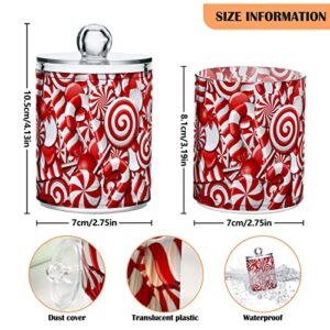 Candy Canes Qtip Holder Dispenser 2 Pack Clear Apothecary Plastic Jars with Lids, Winter Sugar Red Sweets Gift Bathroom Canister Storage Organizer for Cotton Pads,Cotton Ball/Swabs,Floss 10Oz