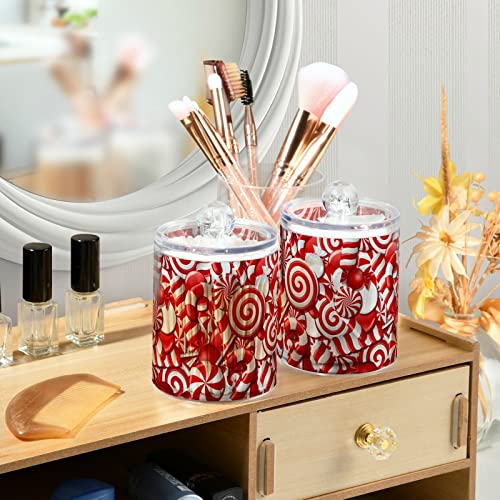 Candy Canes Qtip Holder Dispenser 2 Pack Clear Apothecary Plastic Jars with Lids, Winter Sugar Red Sweets Gift Bathroom Canister Storage Organizer for Cotton Pads,Cotton Ball/Swabs,Floss 10Oz