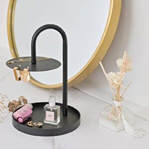 ikloo Round Tabletop 2-Tier Black Steel Cupcake Stand, Jewelry Organizer, Durable Attractive Jewelry Storage Rack | Desktop Tray for Dessert, Key & Accessories Storage in Bedroom, Bathroom, Entryway.