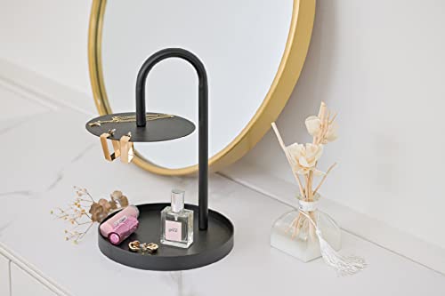 ikloo Round Tabletop 2-Tier Black Steel Cupcake Stand, Jewelry Organizer, Durable Attractive Jewelry Storage Rack | Desktop Tray for Dessert, Key & Accessories Storage in Bedroom, Bathroom, Entryway.