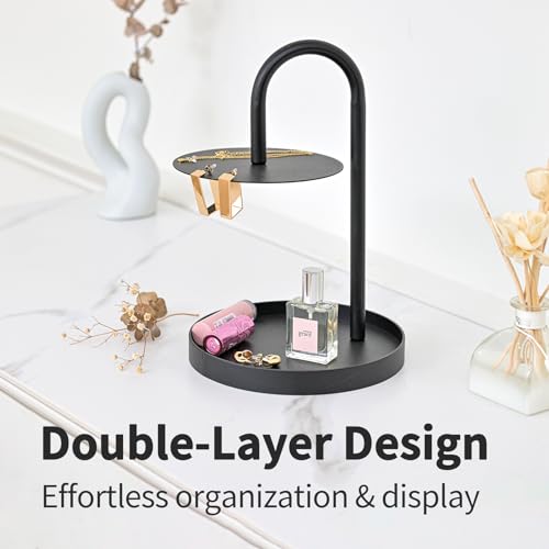 ikloo Round Tabletop 2-Tier Black Steel Cupcake Stand, Jewelry Organizer, Durable Attractive Jewelry Storage Rack | Desktop Tray for Dessert, Key & Accessories Storage in Bedroom, Bathroom, Entryway.