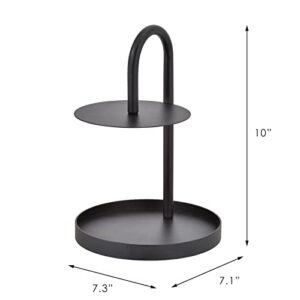 ikloo Round Tabletop 2-Tier Black Steel Cupcake Stand, Jewelry Organizer, Durable Attractive Jewelry Storage Rack | Desktop Tray for Dessert, Key & Accessories Storage in Bedroom, Bathroom, Entryway.