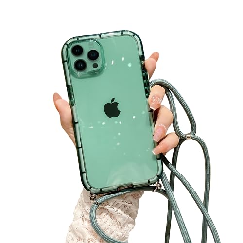 ELTIIGO for iPhone 14 Pro Max Clear Case with Crossbody Lanyard, Slim Translucent Shockproof Soft Protective Cover with Anti-Lost Detachable Adjustable Shoulder Neck Strap for Girls Women - Green