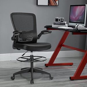 MEDIMALL High Back Mesh Drafting Chair, Tall Office Chair w/Flip-up Armrests & Footrest Ring, Height Adjustable Design, Solid Metal Frame, Rolling Ergonomic Desk Chair for Home Office