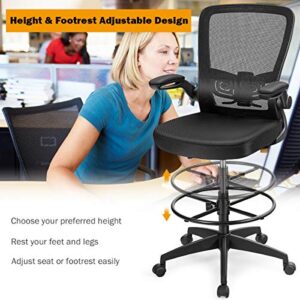 MEDIMALL High Back Mesh Drafting Chair, Tall Office Chair w/Flip-up Armrests & Footrest Ring, Height Adjustable Design, Solid Metal Frame, Rolling Ergonomic Desk Chair for Home Office