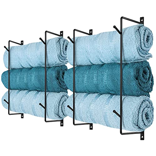 2 Set Towel Rack Holder, Wall Mounted Metal Towel Shelf with Hooks, Minimalist Design Storage Organizer for Towels, Wall Towel Rack for Rolled Bath Towels, Hand Towels, Washcloths in Small Bathroom