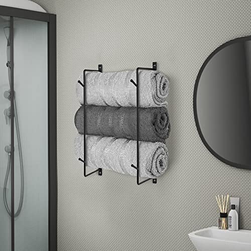 2 Set Towel Rack Holder, Wall Mounted Metal Towel Shelf with Hooks, Minimalist Design Storage Organizer for Towels, Wall Towel Rack for Rolled Bath Towels, Hand Towels, Washcloths in Small Bathroom