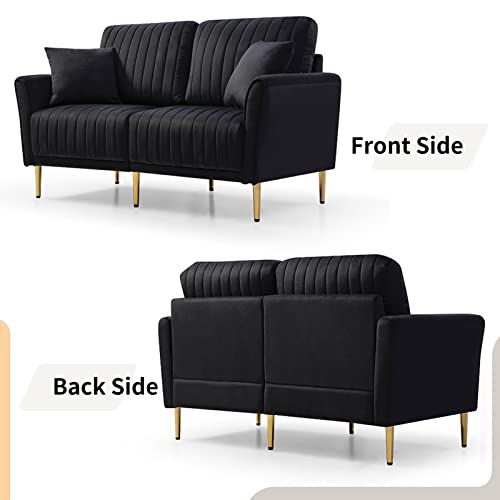 CALABASH Velvet Loveseat Sofa, 55" Modern Upholstered Channel Tufted Small Love Seat 2 Seater Couch with 2 Pillow & Gold Legs for Small Spaces,Living Room, Bedroom(Black).