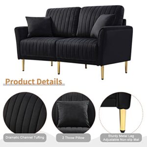 CALABASH Velvet Loveseat Sofa, 55" Modern Upholstered Channel Tufted Small Love Seat 2 Seater Couch with 2 Pillow & Gold Legs for Small Spaces,Living Room, Bedroom(Black).