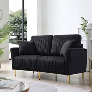 calabash velvet loveseat sofa, 55" modern upholstered channel tufted small love seat 2 seater couch with 2 pillow & gold legs for small spaces,living room, bedroom(black).