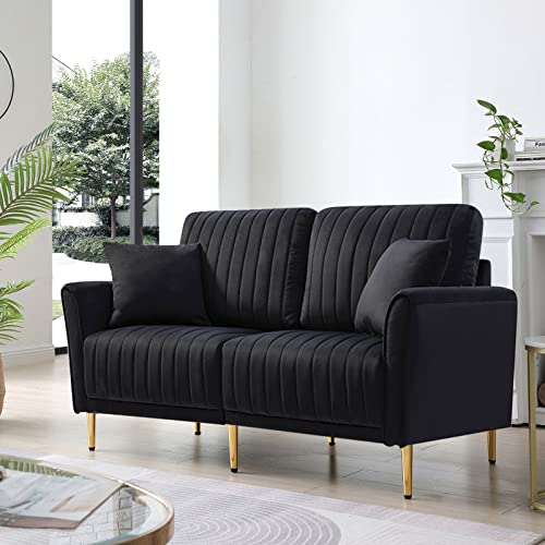 CALABASH Velvet Loveseat Sofa, 55" Modern Upholstered Channel Tufted Small Love Seat 2 Seater Couch with 2 Pillow & Gold Legs for Small Spaces,Living Room, Bedroom(Black).