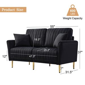 CALABASH Velvet Loveseat Sofa, 55" Modern Upholstered Channel Tufted Small Love Seat 2 Seater Couch with 2 Pillow & Gold Legs for Small Spaces,Living Room, Bedroom(Black).