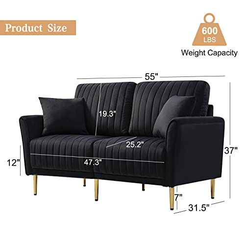 CALABASH Velvet Loveseat Sofa, 55" Modern Upholstered Channel Tufted Small Love Seat 2 Seater Couch with 2 Pillow & Gold Legs for Small Spaces,Living Room, Bedroom(Black).