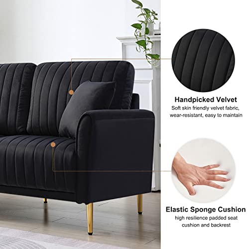 CALABASH Velvet Loveseat Sofa, 55" Modern Upholstered Channel Tufted Small Love Seat 2 Seater Couch with 2 Pillow & Gold Legs for Small Spaces,Living Room, Bedroom(Black).