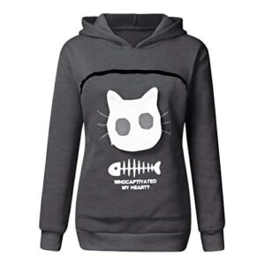 ceangrtro cat hoodie for women cat pouch hoodie kitten print cat carrying hoodie pet pouch cute hoodies for teen girls dark gray