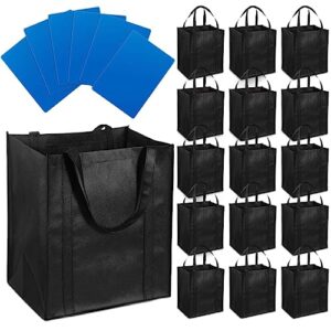 16 pcs reusable grocery bags large foldable shopping bags non woven reusable bags for groceries heavy duty grocery tote bags with reinforced handles and sturdy bottom, black