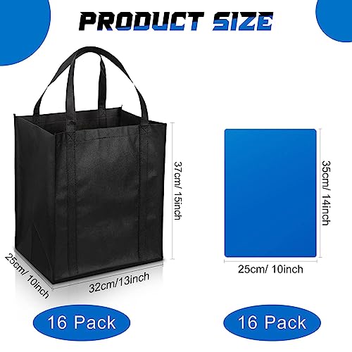 16 Pcs Reusable Grocery Bags Large Foldable Shopping Bags Non Woven Reusable Bags for Groceries Heavy Duty Grocery Tote Bags with Reinforced Handles and Sturdy Bottom, Black