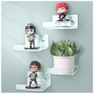floating acrylic shelves, acrylic wall shelf, 4x4 inch clear shelves for wall, small plant shelves, picture and toy clear display stand (no drill shelf, clear, 4 pack)