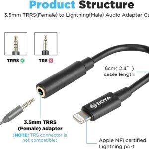 BOYA by-K3 Female Lightning to 3.5mm Microphone/Headphone Adapter Cable(2.4 inch) MFi Certified Lightning Aux Audio Jack Dongle Compatible with iPhone 14 Pro Max/14 Plus/13 12 Pro Max/SE/11 Pro