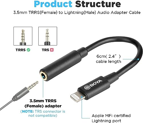 BOYA by-K3 Female Lightning to 3.5mm Microphone/Headphone Adapter Cable(2.4 inch) MFi Certified Lightning Aux Audio Jack Dongle Compatible with iPhone 14 Pro Max/14 Plus/13 12 Pro Max/SE/11 Pro