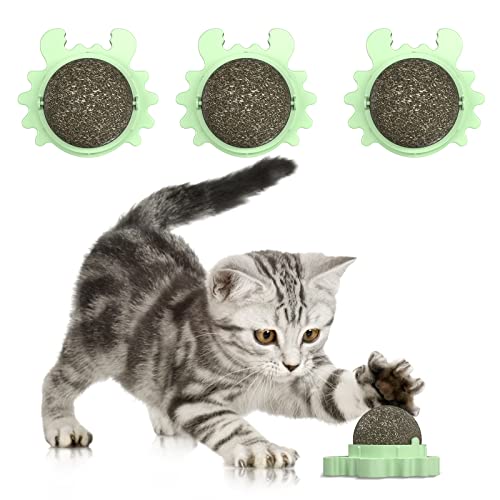 Catnip Balls for Cats Wall, 3 Pack Edible Cat Nip Ball Products for Cats Kitty Chew Toy, Rotatable Interactive Cat Kitten Toys of Indoor Cats for Teeth Cleaning, Health and Cat Wall Treat (GREEN)