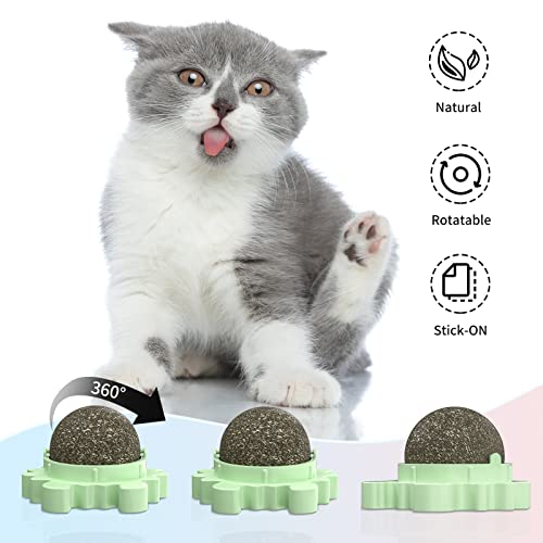 Catnip Balls for Cats Wall, 3 Pack Edible Cat Nip Ball Products for Cats Kitty Chew Toy, Rotatable Interactive Cat Kitten Toys of Indoor Cats for Teeth Cleaning, Health and Cat Wall Treat (GREEN)